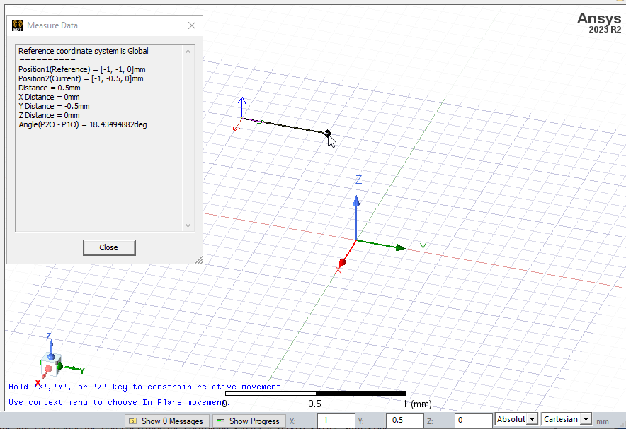 Modeler window, mouse pointer on a point. Measure Data dialog.
