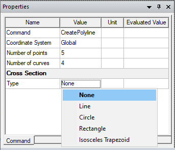 Properties dialog. Type option drop-down menu. None highlighted.