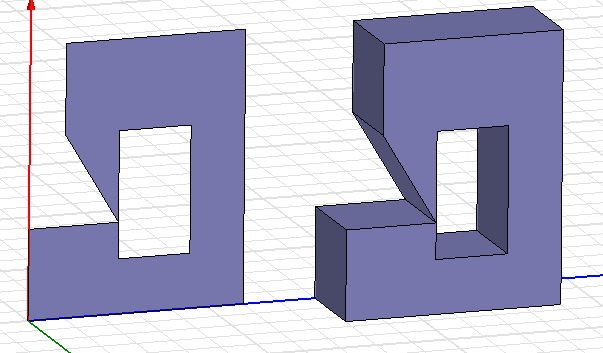 Model of 2D object touching itself at a vertex. Model of a 3D object touching itself at an edge