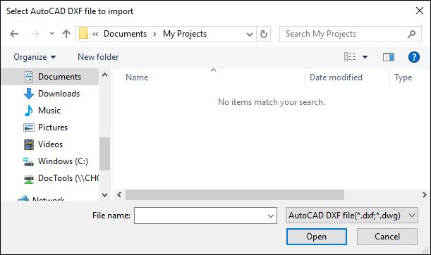 Select AutoCAD DXF File for Import Window