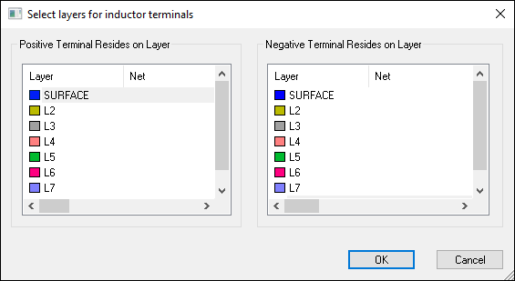Select Layers for Inductor Terminals Window