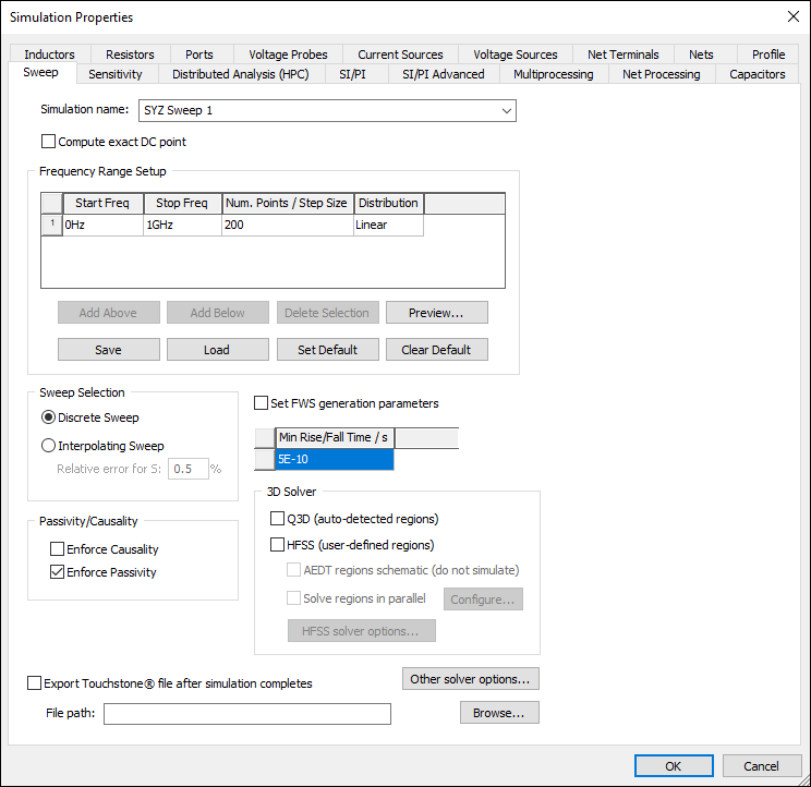 Simulation Properties - Sweep