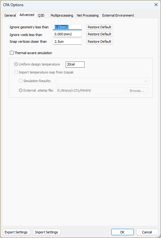 CPA Options Window > Advanced