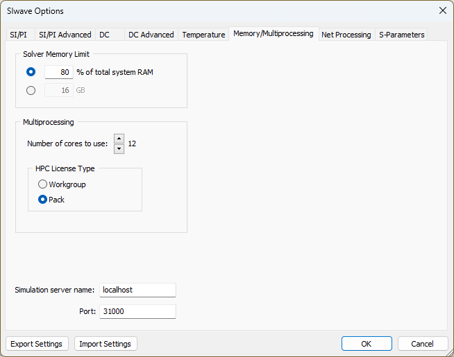 SIwave Options - Memory/Multiprocessing