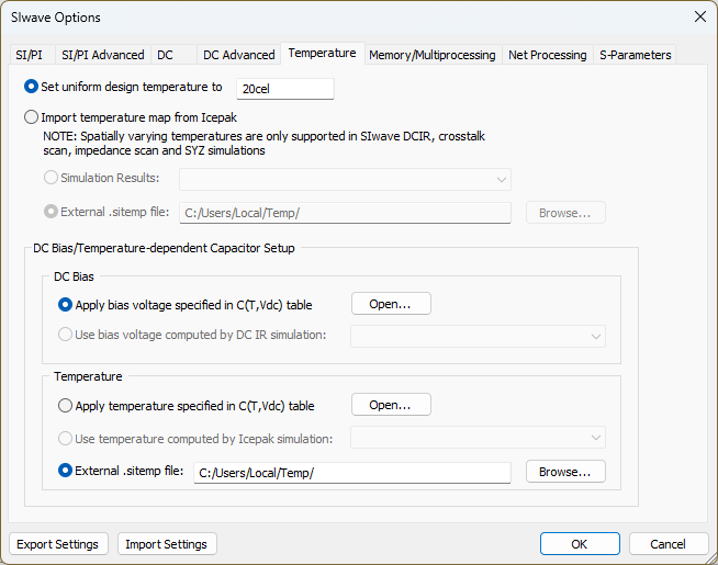 SIwave Options - Temperature