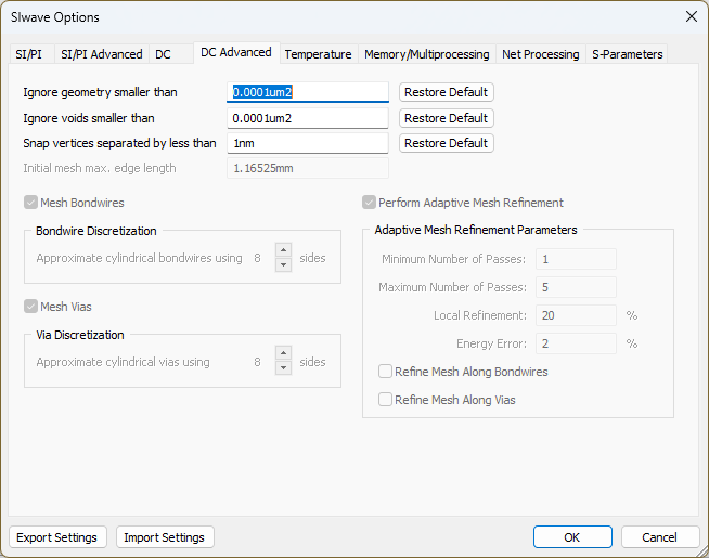 SIwave Options - DC Advanced