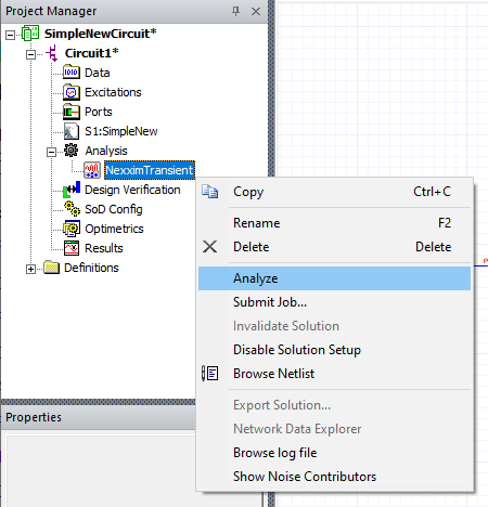 Project Manager Window > Project Tree > Active Design Folder > Analysis > NexximTransient1 > Analyze