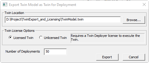 Export Twin Model as Twin for Deployment dialog box.