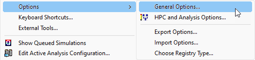 Tools menu, Options submenu expanded, General Option command highlighted.