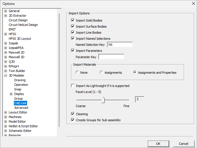View of the 3D Modeler CAD Link options in the Options window