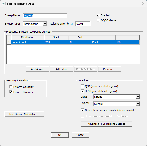 Edit Frequency Sweep Window