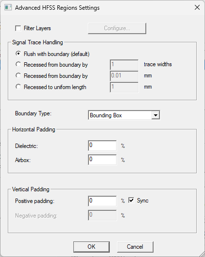 HFSS Regions Settings Window