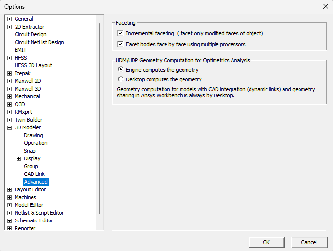 3D Modeler Advanced Options