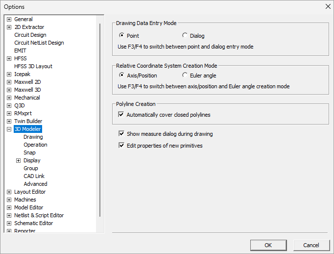 3D Modeler Options 3D Modeler Options