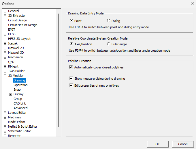 Drawing options for the 3D Modeler