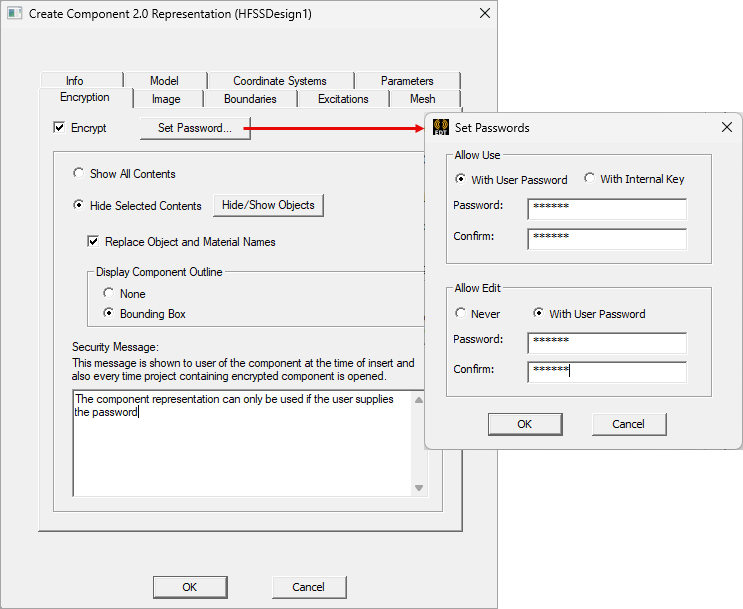 Create Component 2 Encryption tab with the Set Passwords dialog