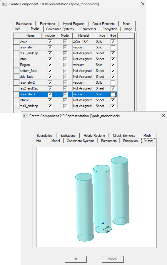 Create 2.0 Component Representation window with Hide option enabled. Image tab displaying model.