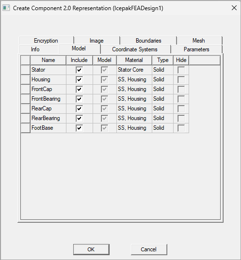 Model tab in the Create Component 2.0 Representation window