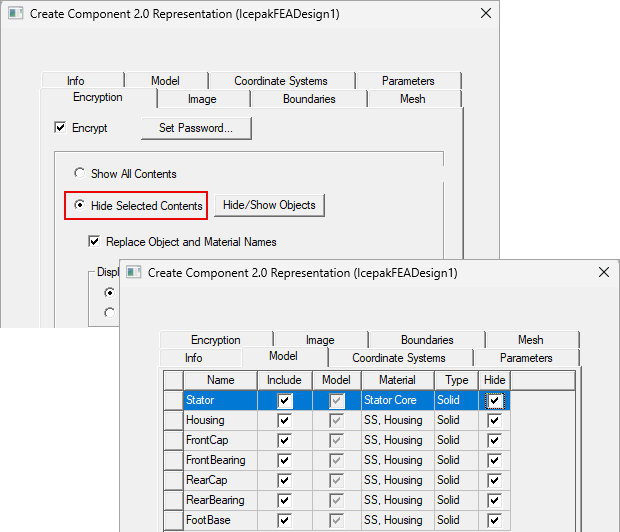 Encyption Hide Select contents makes the Hide column active in the Model tab