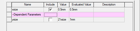 Create 2.0 Component window, Parameters tab, Dependent Parameters list highlighted.