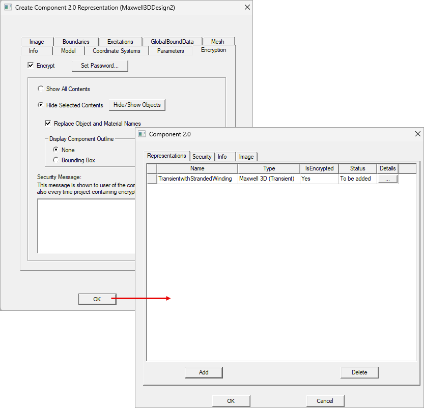 Creation of the Component 2.0 window after the first representation has been added
