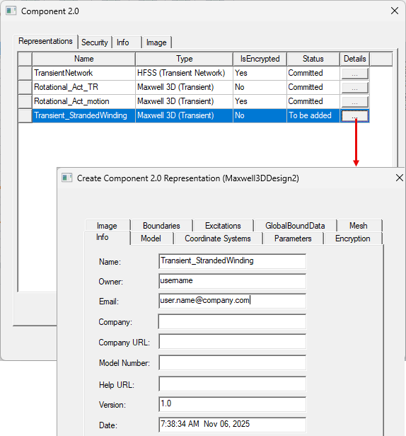 Opening the details of a representation from teh Component 2.0 window