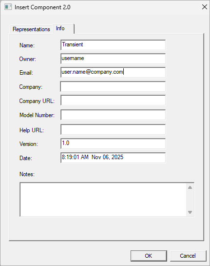 View of the Info tab in the Component 2.0 window
