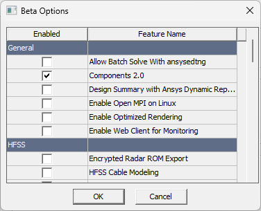The Components 2.0 beta option is checked in the Beta Options dialog box