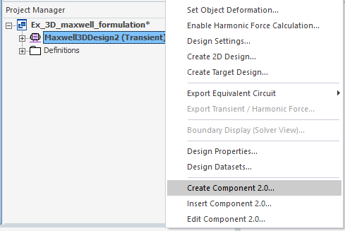 Access to the Create Component 2.0 menu from the Project Manager tree
