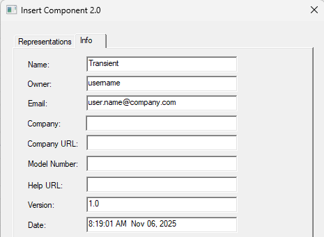 Info tab for a 2.0 Component includes name, owner, email, and email for the component creator