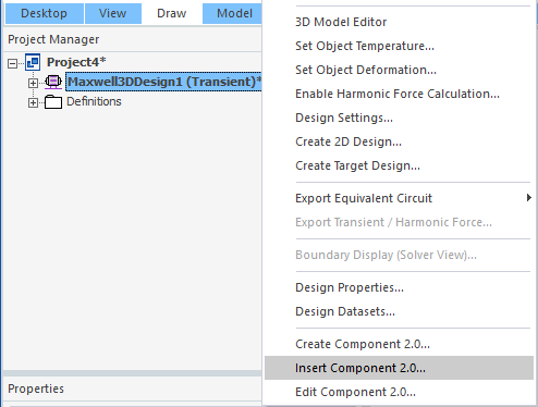 Right click menu available from a design in the Project Manager window