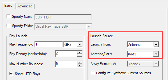 Create SBR VRT Plot Dialog. Launch From field set to Antenna, Antenna/Port field set to pHorn1_1.