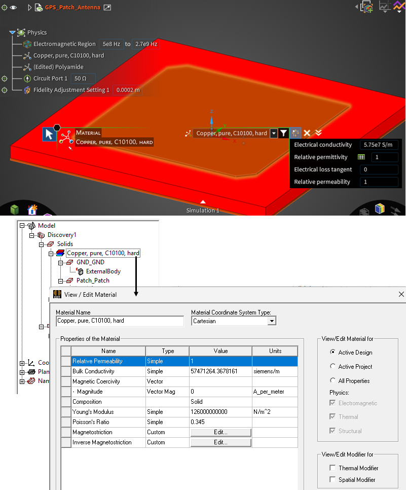 Discovery model with its properties imported into Electronic Desktop