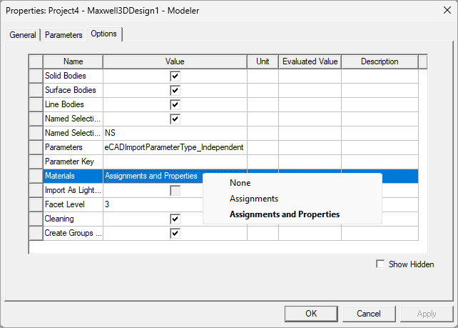 Properties window for an imported Discovery model