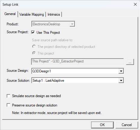 Icepak EM loss setup link dialog box general tab.