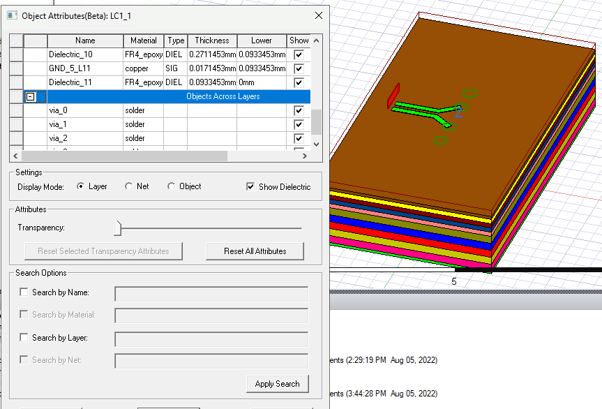 Object Attribute dialog. Layer mode enabled.