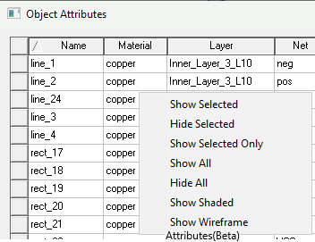 Object Attribute dialog. Shortcut menu, options for vizualization of objects.