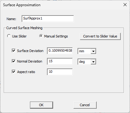 Curved Surface Meshing groupbox, mesh Manual Settings enabled.
