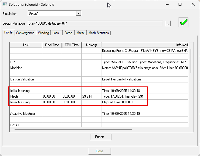 View of the Solutions Data's Profile tab with the mesh used for simulation highlighted