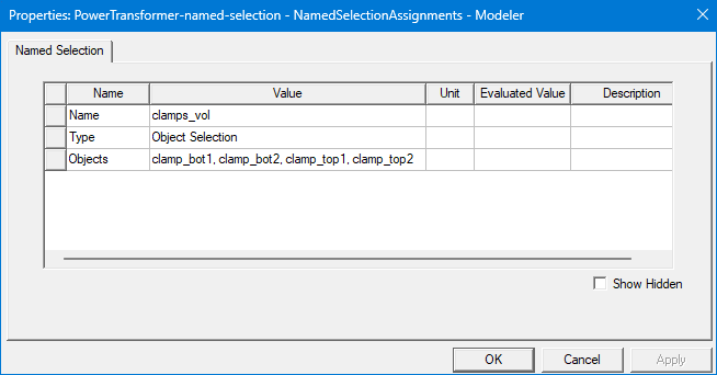 Example of a Properties window for an Object Selection. It shows the objects that are included in the object selection.