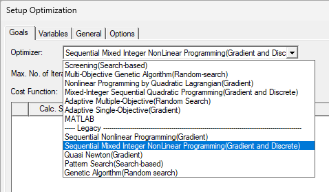 Setup Optimization window. Goals tab open, Optimizer drop-down menu open, Sequential Mixed Integer Nonlinear Programming (Gradient and Discrete) selected.