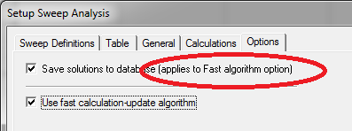 Setup Sweep Analysis window. Save solutions to database option selected. Applies to Fast algorithm option highlighted. 