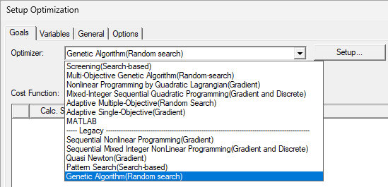 Setup Optimization window. Goals tab open, Optimizer drop-down menu open, Genetic Algorithm (Random search) selected.
