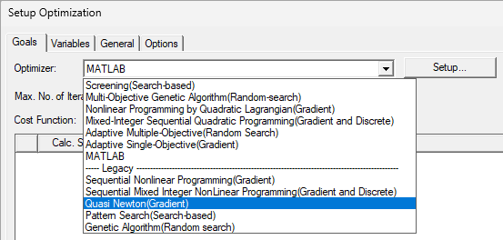 Setup Optimization window. Goals tab open, Optimizer drop-down menu open, Quasi Newton (gradient) selected. 