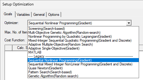 Setup Optimization window. Goals tab open, Optimizer drop-down menu open, Sequential Nonlinear Programming (gradient) selected.