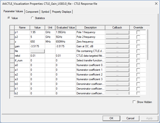 Window titled QData:Level01_NPN_Model Properties: Differential AMplifier_Envelope- Cricuit. Parameter Values tab opened. Value selected. List of value names, values, unites, and description listed in tabular format. 