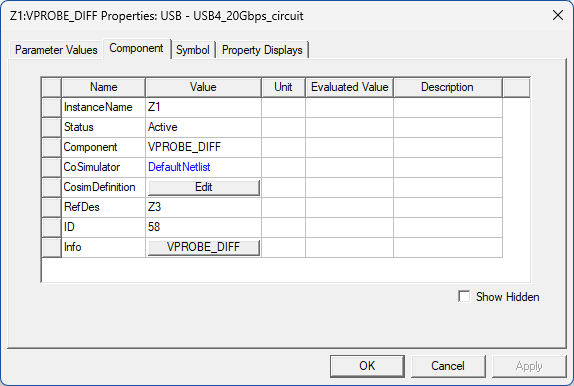 View of the Components tab in the Properties dialog box. The Status and Cosim Definition parameters are editable.