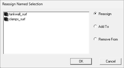 Example of a Reassign Named Selection dialog box with a list of face selections. Reassign, Add To, and Remove From are possible operations.