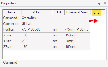A Properties window showing tabular data. A column width line is highlighted. Arrows point away from the width line in both directions horizontally. 