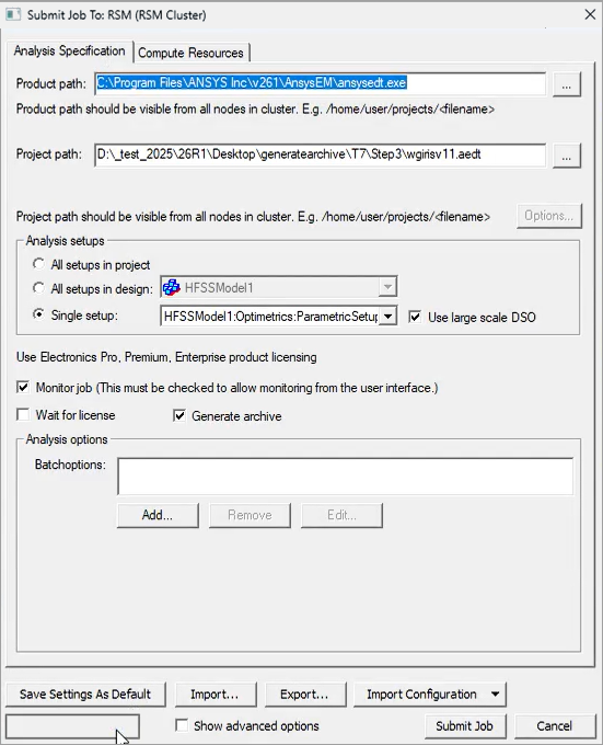 Submit Job window configured for Large Scale DSO and archive generation
